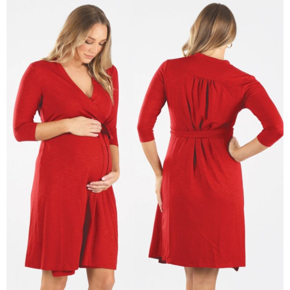 NWT Angel Maternity Classic Maternity V-Neck Wrap Feeding Dress Red Size Medium